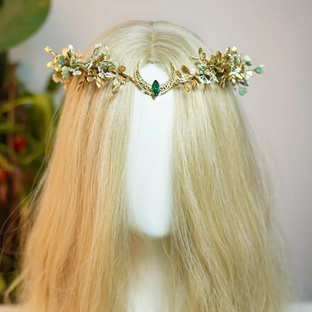 Gold Flower Moon Headpiece Floral Crown Elf Headband Bridal Festival Accessories